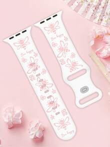 雕花矽膠錶帶，適用於 40mm 41mm 42mm 44mm 45mm 46mm 49mm，時尚優雅運動休閒錶帶，適用於 Ultra/11/10/9/8/7/6/5/4/SE，女款智慧手錶錶帶 - 白色錶帶配粉紅蜜蜂 - 查看 6