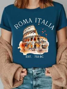 New Summer Fashion Italian Roman Print T-Shirt, Colosseum T-Shirt Cotton T-Shirt - White - View 6