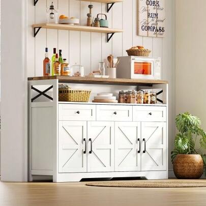Buffet-Anrichte 140cm Mit Stauraum, Kaffeebar Mit 3 Schubladen, Konsole Im Landhausstil Mit Türen, Schränke Mit Einlegeböden, Geeignet Für Küche, Wohnzimmer, Diele, Rustikaler Stil White/Brown