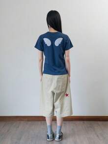 韩版波点爱心翅膀休闲T恤，字母爱心贴布装饰女式T恤，适合日常、约会、夏季穿着 - 藏蓝色 - 查看 10