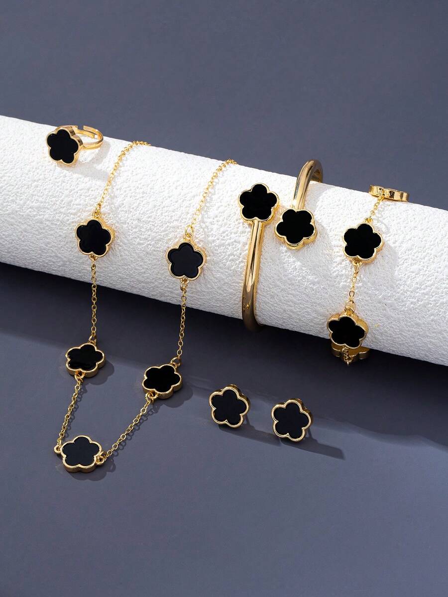 1 pièce set de bijoux mode pour femmes, comprenant : 1 pièce bracelet en matériau acrylique plaqué or, 1 pièce collier pendentif trèfle à cinq feuilles, 1 pièce bracelet, 1 pièce paire de boucles d'oreilles, 1 pièce bague - Noir - Voir 1