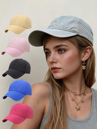 1 Pieza - Gorra de béisbol de unicolor para exteriores, para cuatro estaciones, para mujer, con estilo deportivo y casual, con diseño de coleta cruzada, de malla y de secado rápido, con visera semi-alta