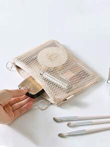 1Pc/Set Mesh Makeup Bag Set Multifunctional Women's Double-Layer Storage Bag Portable Travel Cosmetics Storage Bag Inner Bag Skincare Bag Toiletries Bag To Storage Skincare,Lipstick,Charger,Earphone,Lipstick,Change,Coin,Etc,Gift For Friends,Teachers - Apricot - View 6