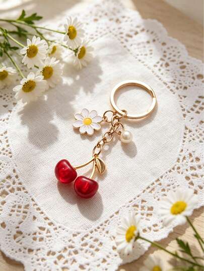 1PC Cute Cherry Daisy Keychain With Pearl Charm - Gold Plated Sweet Key Ring For Women Girls Backpack Purse Bag Pendant Car Key Holder Birthday Gift Bridesmaid Party Favors Daily Accessories