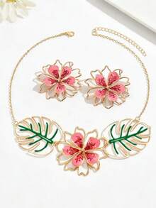 Set Perhiasan Wanita 3pcs/Set Kalung dan Anting Bunga Berongga Warna-warni Gaya Bohemian Musim Panas, Cocok untuk Acara Santai, Pantai, Kencan, Pesta, dan Hadiah. - Merah dan hijau - View 3