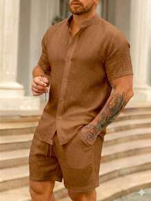 Men's Fine Set With Mandarin Collar + Plain Crepe Shorts - 駝色 - 查看 1