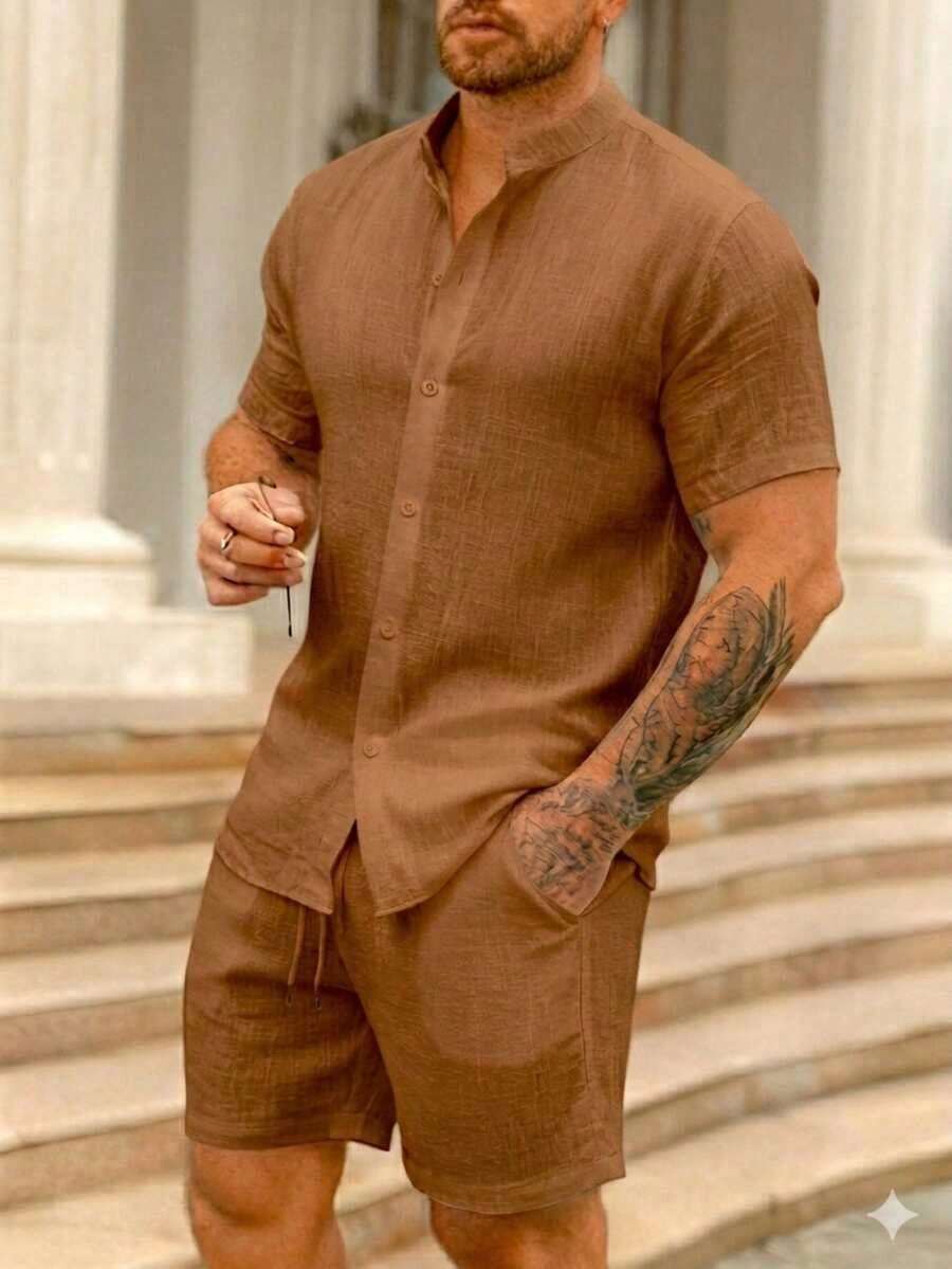 Men's Fine Set With Mandarin Collar + Plain Crepe Shorts - 駝色 - 查看 1
