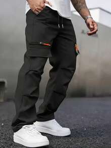 Men's Casual Cargo Pants With Multiple Pockets - Straight Leg, Loose Fit,, Zipper Details, Perfect For Spring And Fall - 黑色 - 查看 3