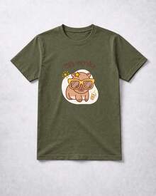 Girls' T-Shirt, Hi Summer Capybara Brazil, Cotton - 軍綠色 - 查看 2