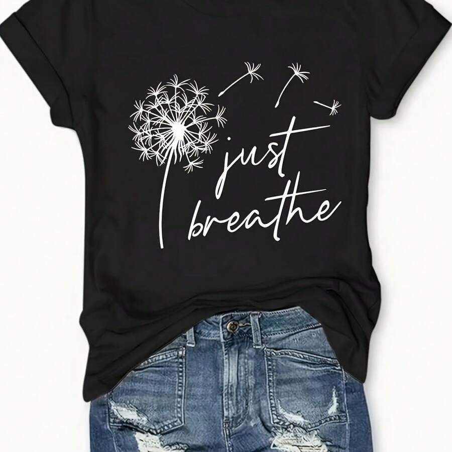 Just Breathe Dandelion T-Shirt Minimalist Wellness Graphic Tee - 紅色 - 查看 1