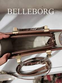 BELLEBORG 1件荔枝紋休閒女款手提斜跨包，拉鍊開合，適合日常通勤、休閒、購物、聚會 - 卡其色 - 查看 7