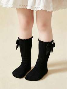 1 Pair Cotton Girls/Toddlers Bow Solid Color Knee High Socks, School Style - Black - View 6