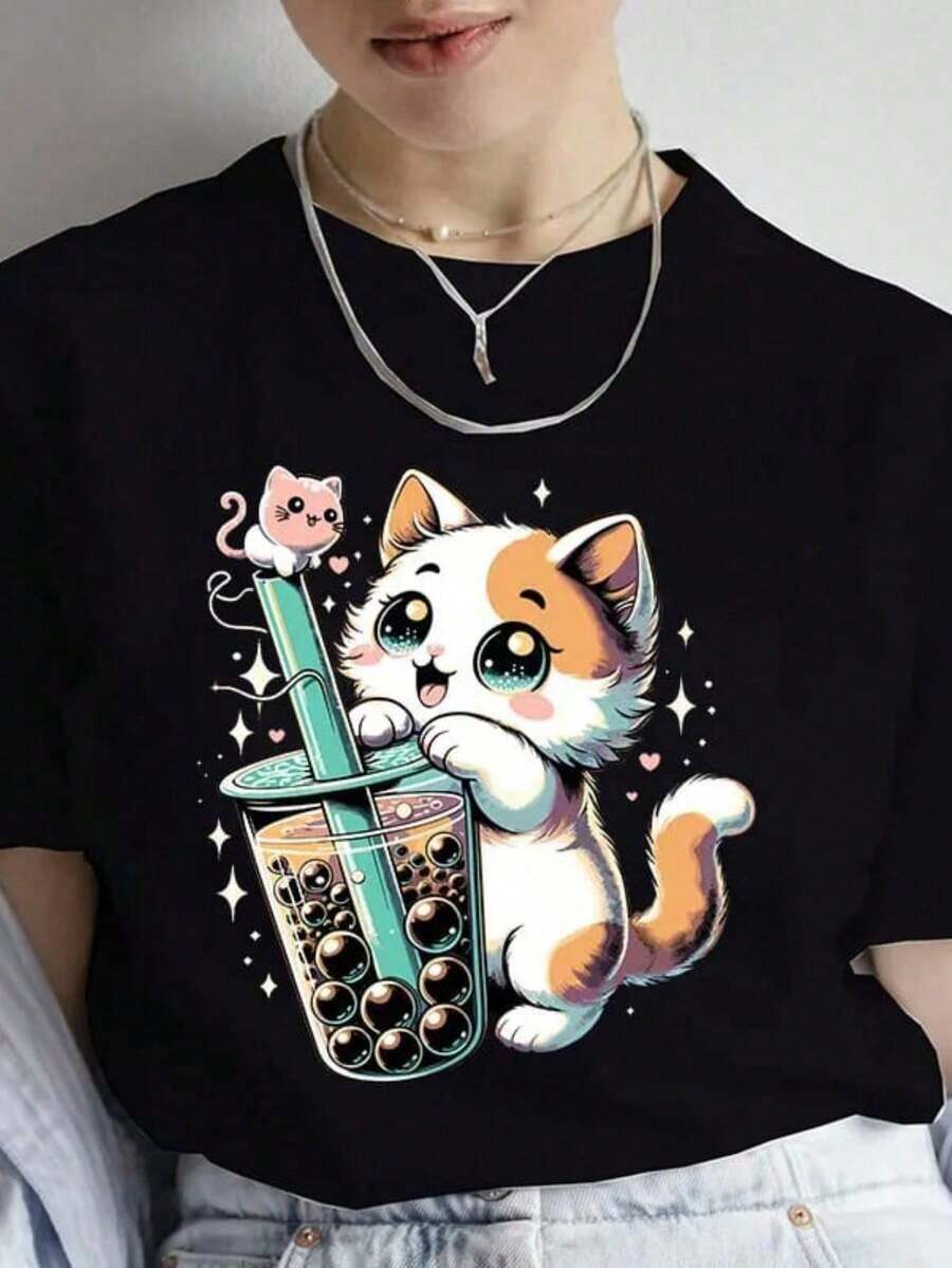 100% Cotton Round Neck T-Shirt With Letter Print, Casual Short Sleeve T-Shirt For Spring And Summer, Women's Clothing - 黑色 - 查看 1
