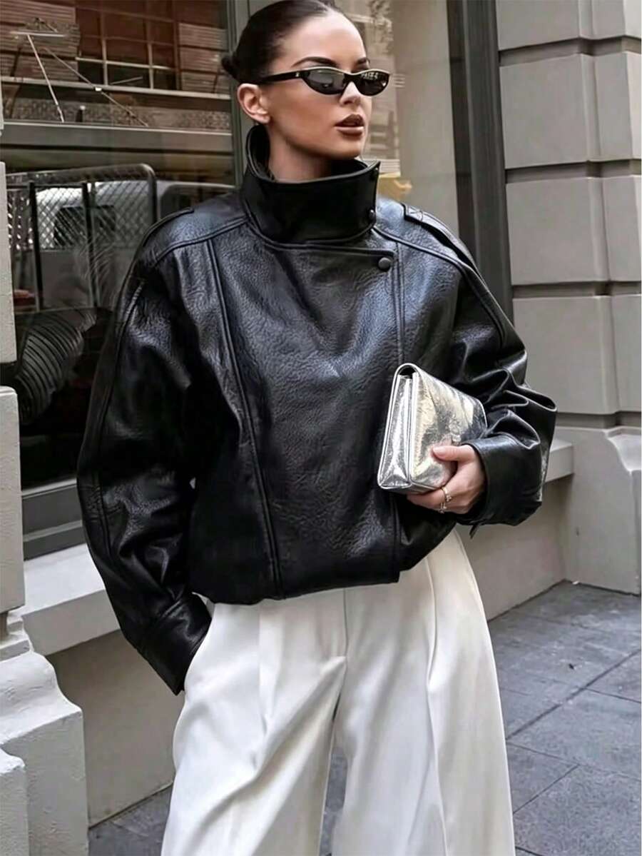 女款街頭風黑色PU皮革夾克，時尚長袖高領拉鍊外套，秋冬新款女式外衣
