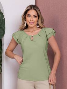 Women's Blouse With Ruffle, Short Sleeves, Tank Top, Summer Fashion T-Shirt - Matcha Color - View 5