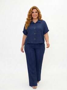 Women's Plus Size Casual Shirt And Pants Set - Navy Blue - View 3