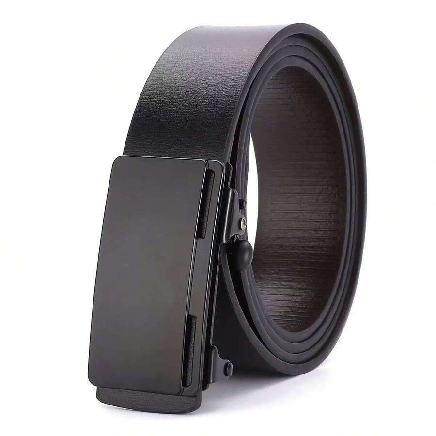 Men's Classic Leather Belt With Auto Buckle, Adjustable Buckle, Fashionable Business Casual Design, Durable Waistband For Suits And Jeans - Black - View 1