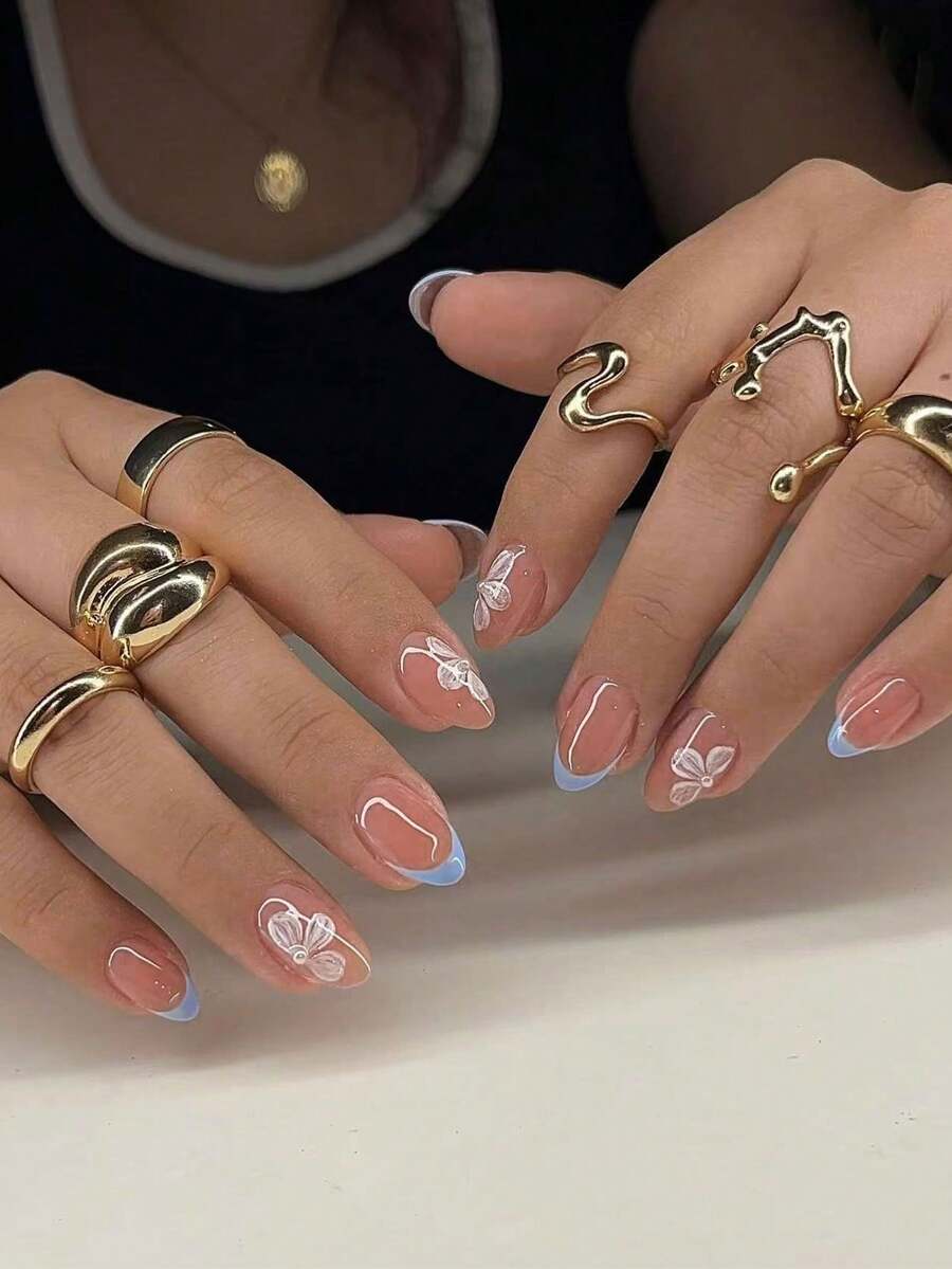 30pcs Short Almond-Shaped French Flower Press-On Fake Nails With Small Pearl Decor, Ideal Acrylic Artificial Nails Set. Includes: 1pc Jelly Gel And 1pc Nail File. - Multicolor - View 1