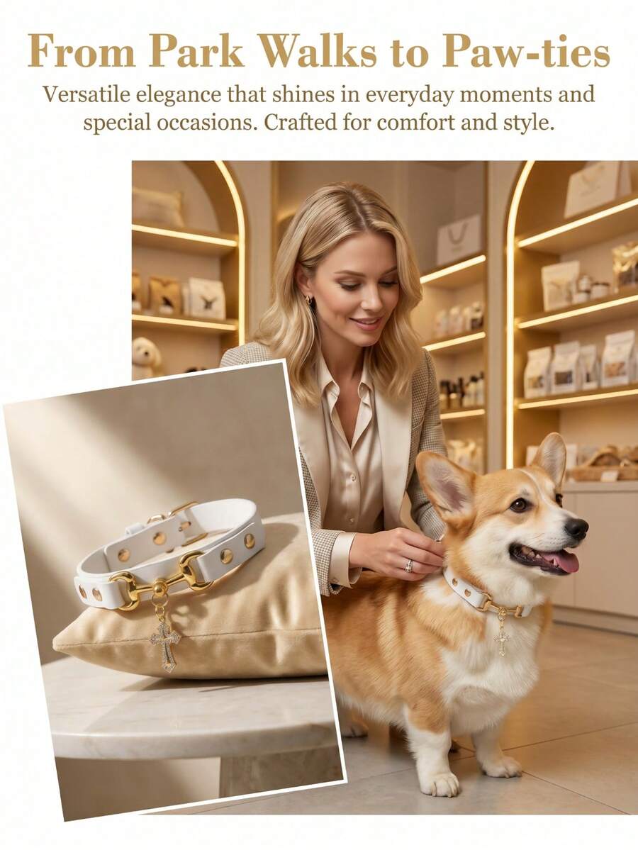 1 pieza Collar de mascota de piel de PU blanco ajustable con colgante de cruz de cristal, estilo gótico adecuado para perros y gatos pequeños/medianos - Blanco - Ver 1