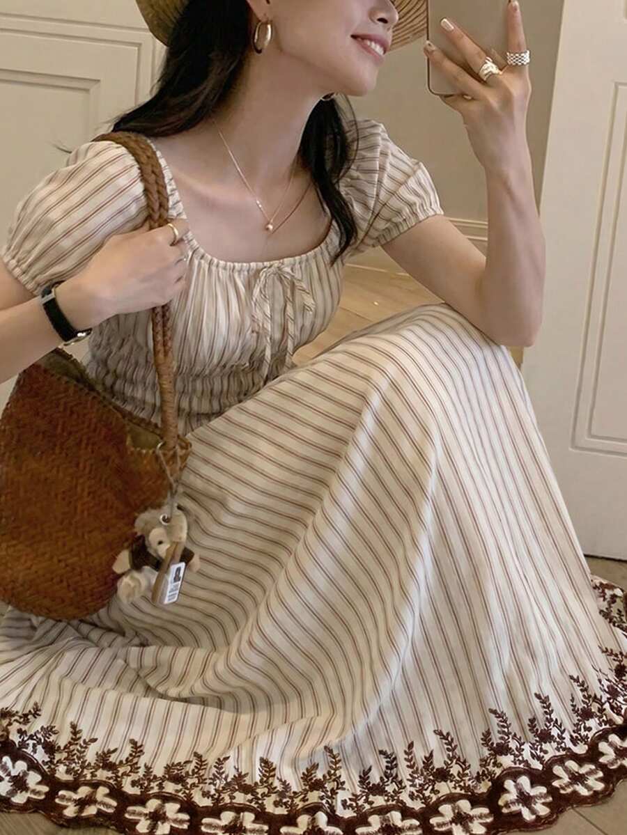 Vestido largo de línea A con mangas abullonadas y bordado en la cintura, estilo urbano y chic para primavera/verano. Atuendo para brunch, invitada de boda, estilo bohemio, outfit para Año Nuevo/Día de San Valentín, elegante, ropa de playa, outfit para Acción de Gracias, vestido de graduación - Café - Ver 1