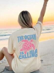 Women's Round Neck T-Shirt With Sea Creature Print And Lettering For Summer Vacation, Graphic Tee, White, Black, Pink Casual - Light Yellow 2 - View 7