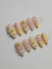 10 piezas de pegatinas de uñas de almendra largas hechas a mano, color amarillo claro degradado con decoración de flores 3D, conchas marinas y perlas, fresco y lindo, adecuado para que las mujeres y niñas lo usen en primavera, verano, otoño, invierno, fiestas y uso diario - Amarillo - Ver 2