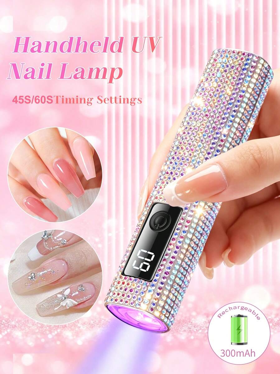 Rhinestone Handheld Nail Art LED Light, Portable Mini Nail Lamp Holder, Spotlight Design, Quick Drying, Nail Gel Curing Lamp Stand
