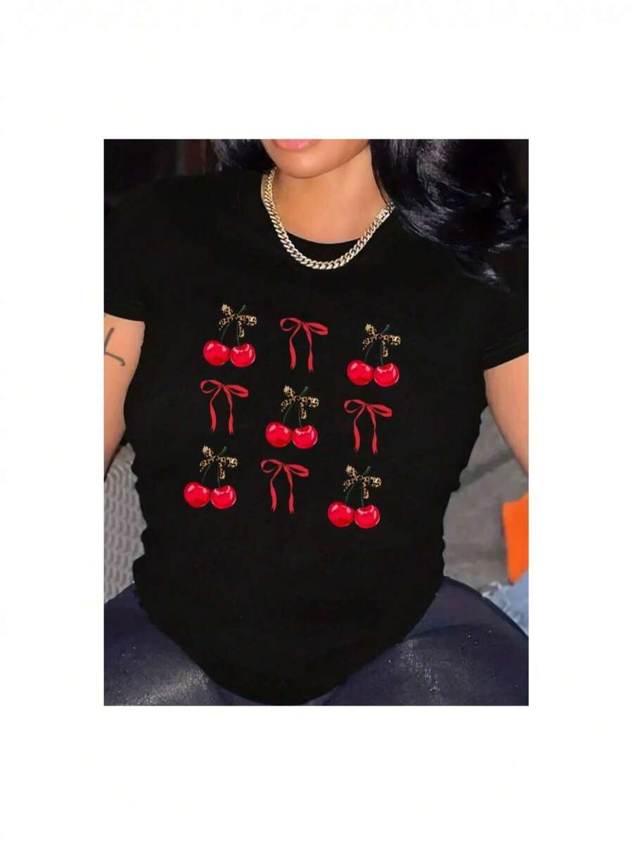 YOCASA Women's Casual Summer T-Shirt, Round Neck, Fitted, Short Sleeve, With Oil Painting Print, Floral, Heart, Cherry, And Letter Patterns. Simple Casual Fabric, Sporty Style, Ideal For Everyday Wear And Valentine's Day Dates. 1 Piece, 180g Pure Heavy, 95% Polyester 5% Spandex. - 黑色 - 查看 1