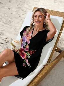 Vestido corto casual para mujer, color blanco con estampado marino de estrellas de mar, caballitos de mar y conchas, cuello en V y mangas cortas, diseño fresco y holgado, ideal para primavera-verano, playa, vacaciones y salidas informales - Multicolor 21 - Ver 5