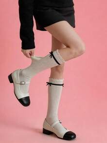 1 Pair Knee-High School Socks For Women - White - View 4