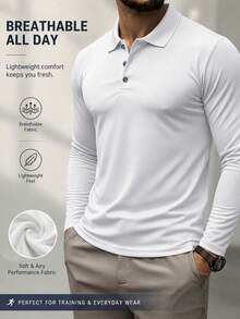 Men's Long Sleeve Polo Shirt, Casual Business Solid Color Slim Fit Collar Top, Autumn/Winter Basic Tee White Spring Sports - White - View 4