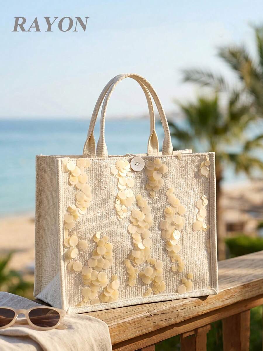 1件米色大號亮片刺繡女款手提包,亞麻底布,大容量托特包,適合夏季海灘旅行與休閒度假(花卉亮片圖案隨機裁切分佈) - 米色 - 查看 1