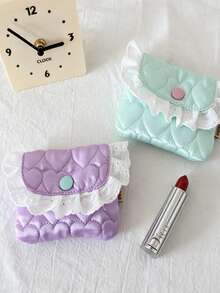 Cute Quilted Coin Purse, High-Quality Lace Trim Card Holder Wallet With Snap Closure - Multicolor - View 3