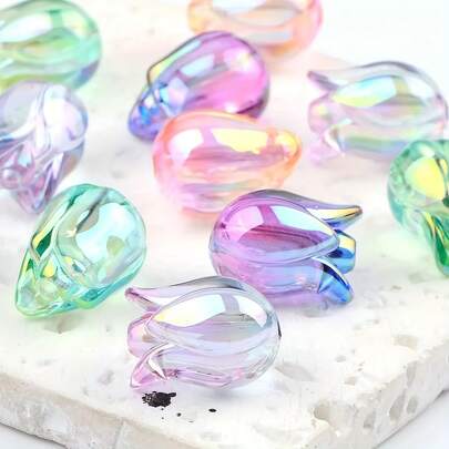 20pcs Random Mixed Transparent Tulip Flower Acrylic Beads, Suitable For Bracelets, Phone Straps And Accessories