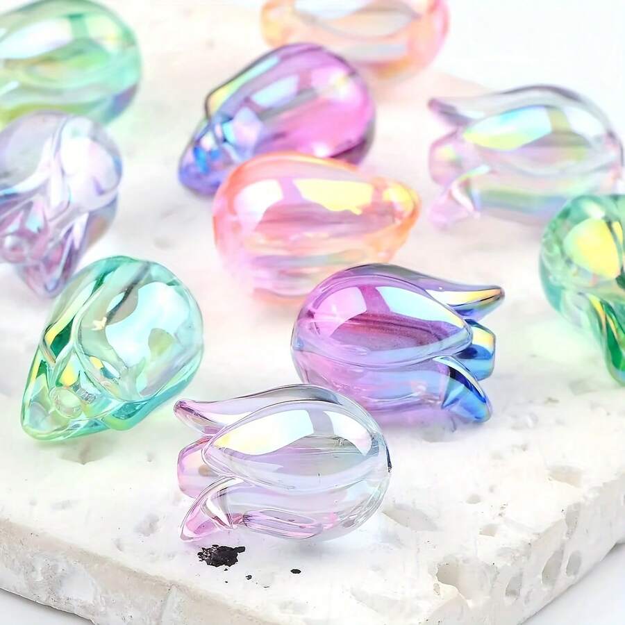 20pcs Random Mixed Transparent Tulip Flower Acrylic Beads, Suitable For Bracelets, Phone Straps And Accessories - Multicolor - View 1