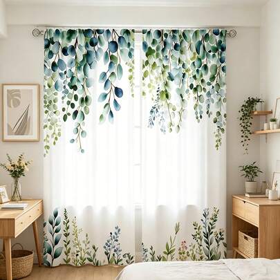 2pcs Fresh Green Plant Pattern Semi-Blackout Curtains, No-Drill Rod Pocket Design, Healing Mori Style For Bedroom, Living Room, Kitchen, Home Decor, Polyester Fabric, Machine/Hand Washable