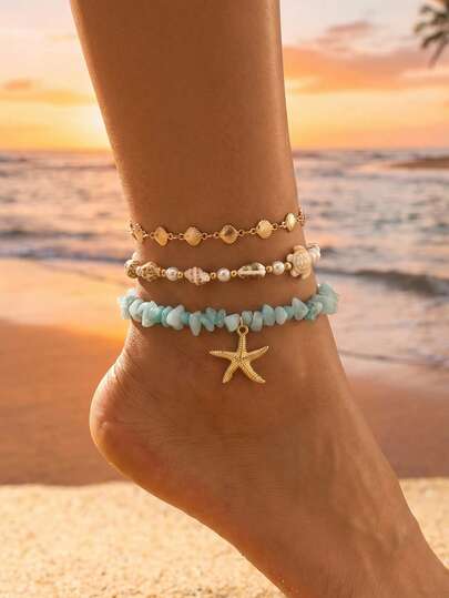3pcs/Set Summer Beach Vacation Style Turtle, Shell Beaded, Gold Shell, Asymmetrical Blue Stone, Starfish Pendant Foot Jewelry Decoration For Women, Suitable For Beach, Vacation, Daily, Travel, Date Wear
