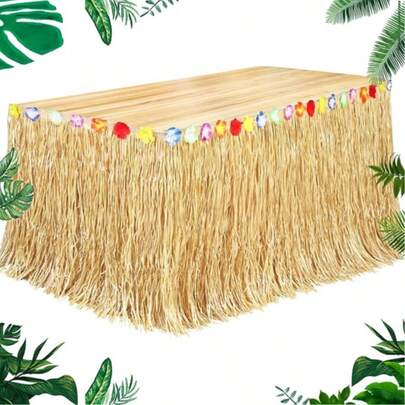 Váy phủ bàn kiểu Hawaii Hula, màu tự nhiên, kích thước 9 feet x 29,5 inch, thích hợp trang trí tiệc nhiệt đới Hawaii, tiệc khiêu vũ Hula, tiệc hóa trang, màu vàng rơm.