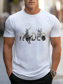 Cowboy Riding A Bull In The Middle Of A Rodeo Competition With The Word RODEO Integrated Into Silhouettes That Evoke Strength, Courage And The Tradition Of The West. Men's T-Shirt 100% Cotton 220g - 白色 - 查看 8