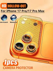 1 pieza Protector de lente de metal calado, protector de metal invisible ultra delgado, resistente a huellas dactilares y arañazos. Diseño de malla. Ajuste preciso, compatible con algunas fundas de teléfono. Protege tu teléfono de daños. Compatible con iPhone 17 Pro/17 Pro Max, accesorio para teléfono, naranja. - Naranja - Ver 1
