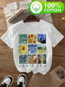 Short-Sleeve Graphic Tees With "VAN GOGH" Letter Print, 100%  Women's T-Shirt, Spring/Summer, Stylish One-Piece For Parties, Free Daily Gift Today, My Recently Purchased Items... Orders Not Yet Shipped, Qqq, Women's Clothing Promotion, 9134100% Cotton100% Cotton - 白色 - 查看 7