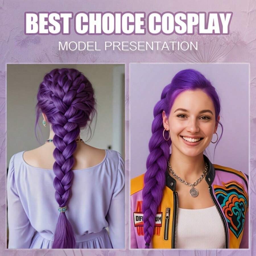 Purple Braided Ponytail Wig For Women | Clip-On Purple Braid Ponytail Wig, Suitable For Christmas, Music Festivals, Parties, Cosplay, High-Temperature Fiber Straight Hair - View 1