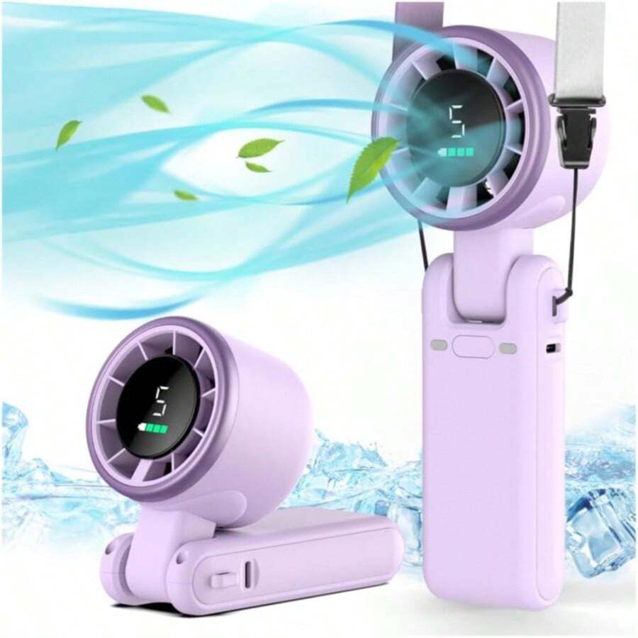 Portable Handheld Fan,13550RPM Air Turbo Tech Cooling Fan, 5 Gear Wind, 5000mAh Rechargeable, Up To 12 Working Hours, 3 IN 1 Hand Fan With Air Turbo Tech Cooling Fan For Outdoor Activities, Travel, Working, Beach Vacation Essentials(Purple) - C-Tím - Xem 1