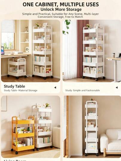 Multi-Tier Wheeled Storage Cart, Drill-Free Shelving Unit, Lightweight Space-Saving Multipurpose Utility Cart Bookshelf, Suitable For Home Kitchen Bathroom Bedroom Balcony Office