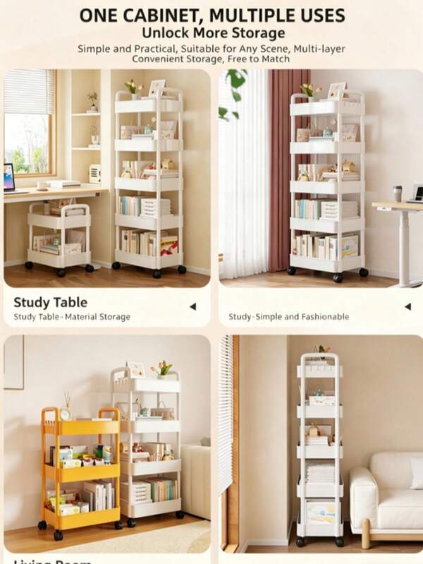 Multi-Tier Wheeled Storage Cart, Drill-Free Shelving Unit, Lightweight Space-Saving Multipurpose Utility Cart Bookshelf, Suitable For Home Kitchen Bathroom Bedroom Balcony Office