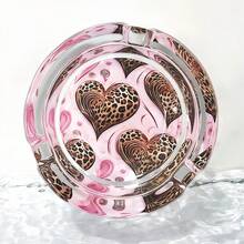 3.34-Inch Round Pink Cute Heart-Shaped Leopard Print Glass Ashtray, Hotel Decor Home Accessory, Gift For Friends - Colorful - View 2