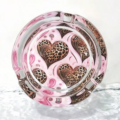 3.34-Inch Round Pink Cute Heart-Shaped Leopard Print Glass Ashtray, Hotel Decor Home Accessory, Gift For Friends