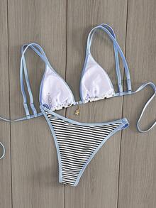 Bộ bikini gợi cảm in chấm bi mùa hè dành cho nữ, thích hợp đi nghỉ mát. - Màu xanh nhạt - Xem 3