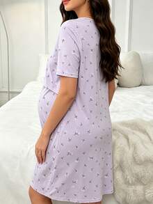 Hart & Haze Postpartum Women's Casual Maternity Sleepwear, Round Neck Simple Printed Short Sleeve Nightgown - Multicolor - View 8