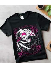 Unisex Anime Retro Comic T-shirt för kvinnor - T-shirt med japanska animemönster, dynamiska actionposer och svärdkämpsmotiv, kombinerat med en rosa retrostil. Det är en unisex-tröja med rund hals, lämplig för konferenser och vardagsbruk - en idealisk present för anime-fans - mjuk och luftig. Sommartoppar, skjortor, t-shirts, damtoppar, t-shirt, pullover, festival-t-shirt, -shirt, -skjortor, t-shirt, gym, sommaroutfits - Svart - Visa 1